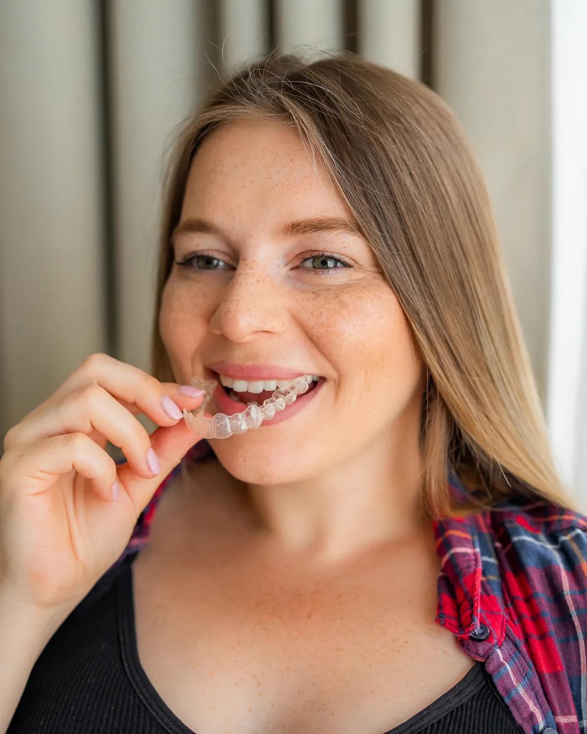 A smiling woman in a plaid shirt at home